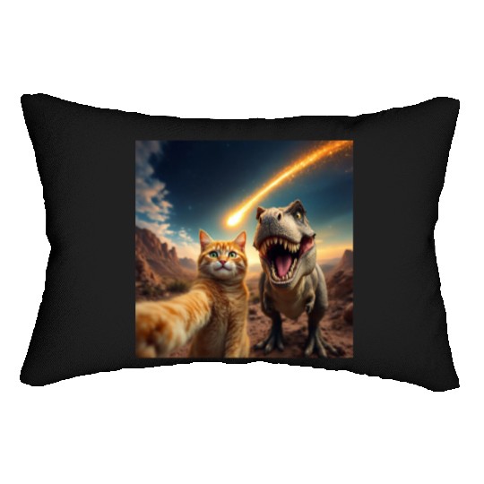 Cat and Dinosaur Meteor Selfie Meme Funny Lumbar Pillows