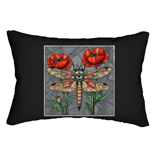 Dragonfly stained glass design vibrant poppy eye Lumbar Pillows