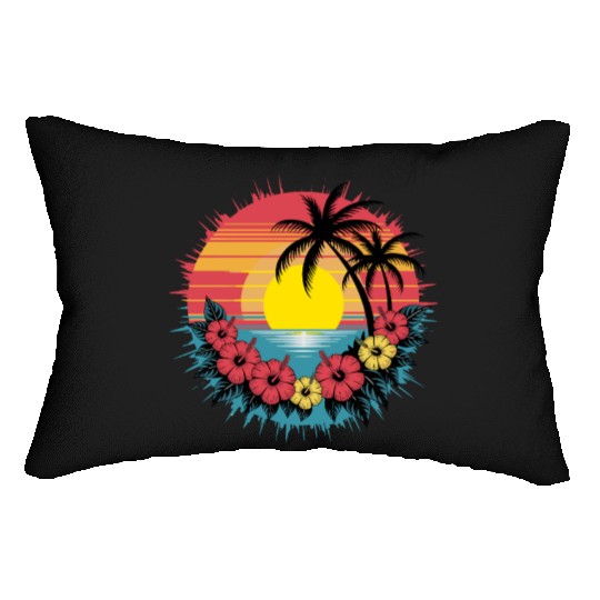 Tropical Sunset Paradise with Hibiscus and Palm Lumbar Pillows