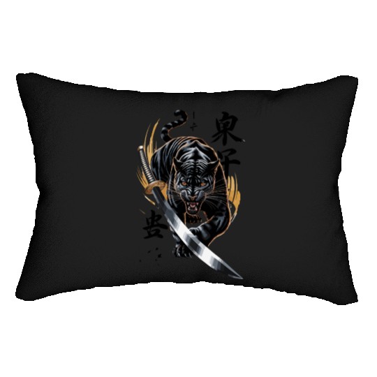 Fierce Black Panther With Samurai Sword Lumbar Pillows