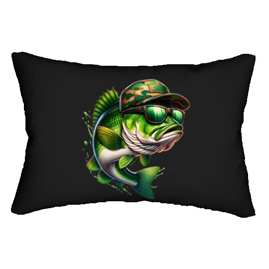 Camo Hat Bass Fish with Green Sunglasses Lumbar Pillows