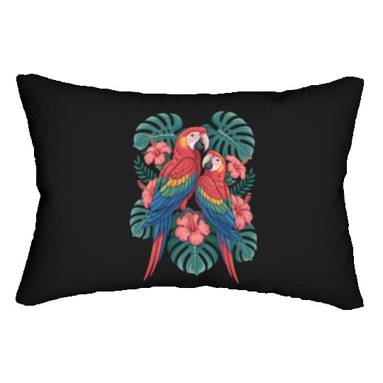 Tropical Parrots Among Hibiscus Leaves Lumbar Pillows