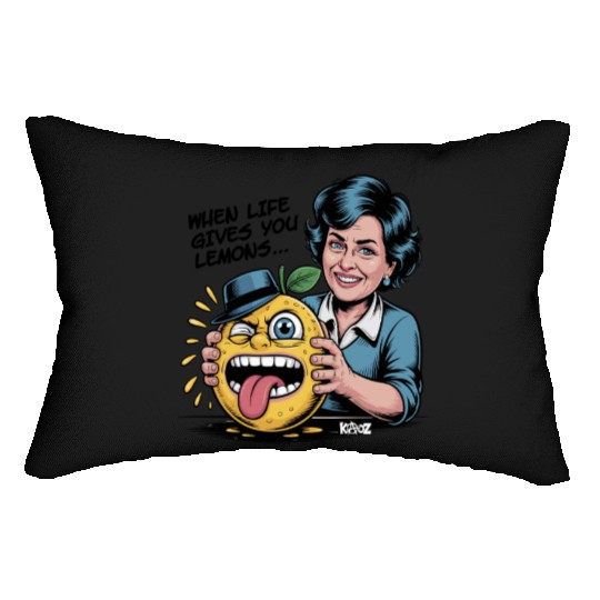Smiling woman holding sour lemon cartoon face Lumbar Pillows
