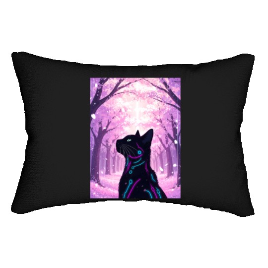 Midnight Cyber Cat | Pink Cherry Blossom Forest Lumbar Pillows