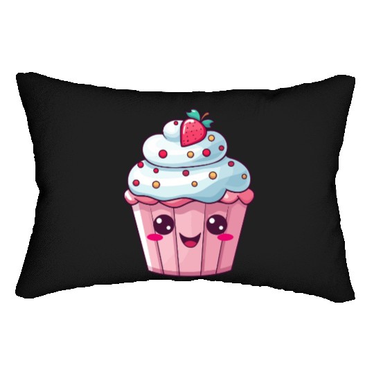 Kawaii Strawberry Cupcake Illustration Lumbar Pillows