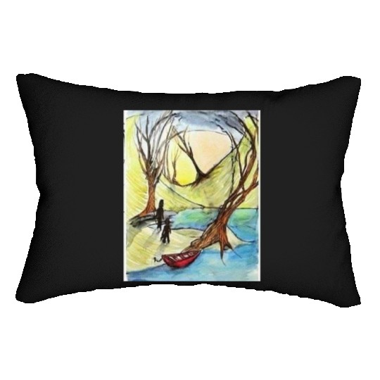 Serene Autumn River Scene Illustration Lumbar Pillows