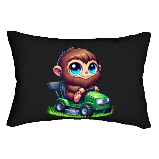 Cute Bigfoot Sasquatch lawn mower gardening chibi Lumbar Pillows