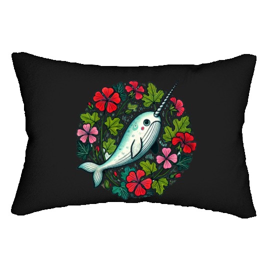 Whimsical Narwhal Amid Floral Bloom Lumbar Pillows