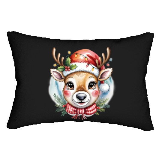 Cute Rudolph Reindeer Watercolor Christmas Art Lumbar Pillows