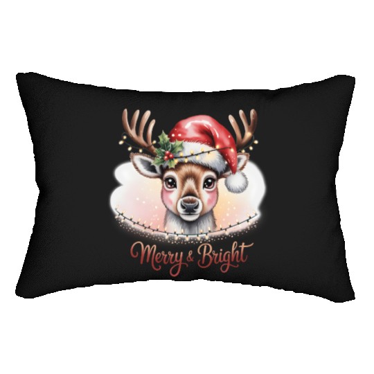 Merry & Bright Cute Reindeer Watercolor Christmas Lumbar Pillows
