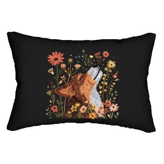 Serene Howling Wolf Amid Floral Bloom Lumbar Pillows