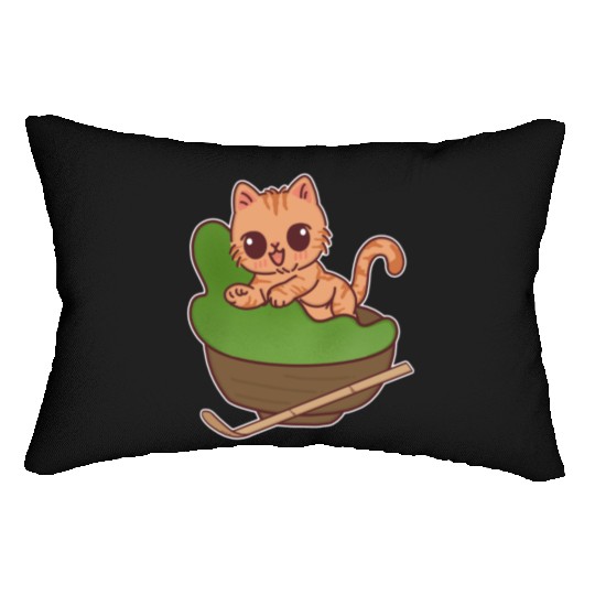 Kawaii Cat in Matcha Tea Bowl Lumbar Pillows
