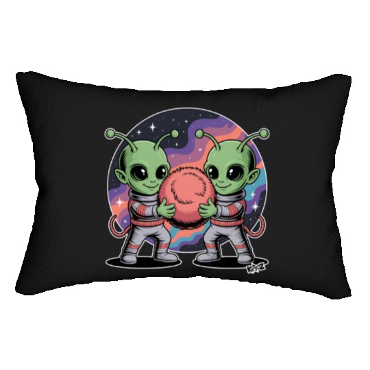 Adorable Alien Friends Embrace Cosmic Unity Lumbar Pillows