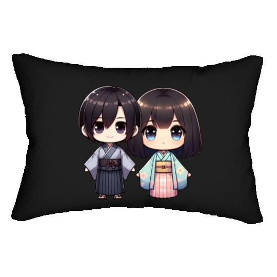 Chibi Kawaii Traditional Kimono Duo Lumbar Pillows