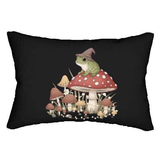 Whimsical Forest Frog in Magic Mushroom Scene Lumbar Pillows