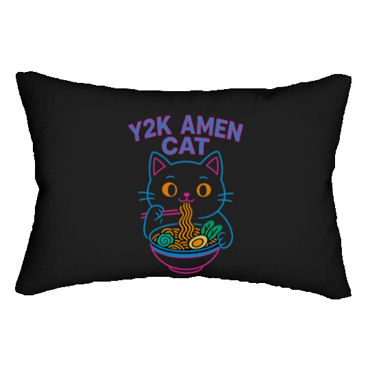 Y2K Ramen Cat – Retro Neon Anime Noodle Lover Desi Lumbar Pillows