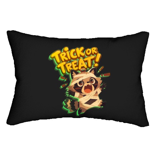 Cute raccoon in mummy costume with Trick or Treat Lumbar Pillows