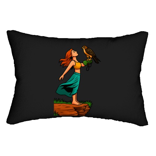 Woman with Hawk on Arm in Nature Scene Lumbar Pillows
