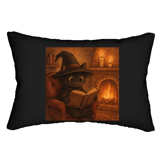 Enchanted Cat Witch by the Fireplace Lumbar Pillows