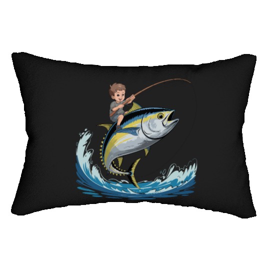 Joyful young boy rides massive jumping tuna Lumbar Pillows
