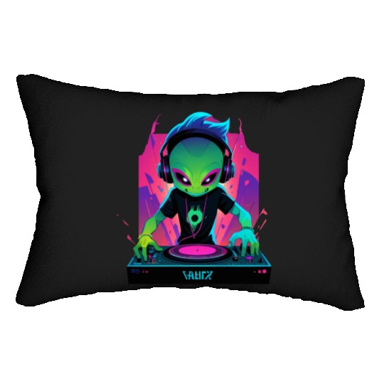 A cute chibi-style alien dark DJ Lumbar Pillows