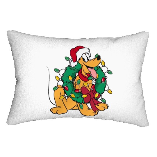 Pluto Wear Santa Hat Hug Christmas Wreath Lumbar Pillows, Very Merry Xmas Party Disney Trip Lumbar Pillows