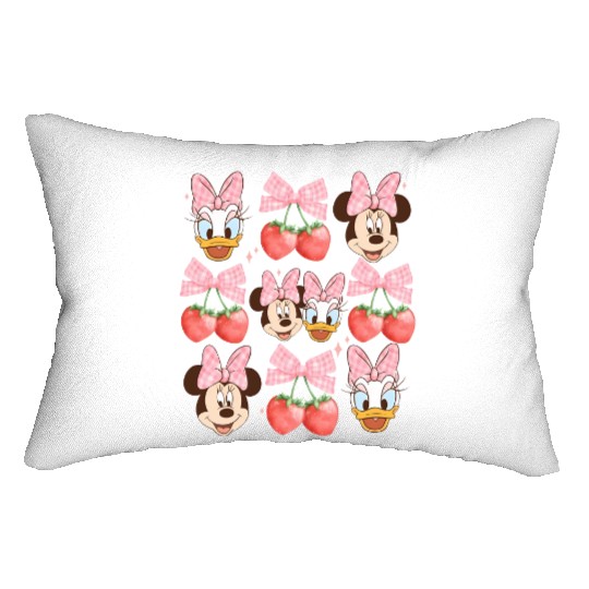 Vintage Minnie And Daisy Pink Bow Lumbar Pillows, Disney Coquette Strawberry Lumbar Pillows