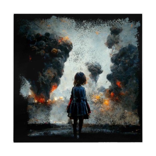 Kid in war looking at explosion AI painting Mahjong Mats