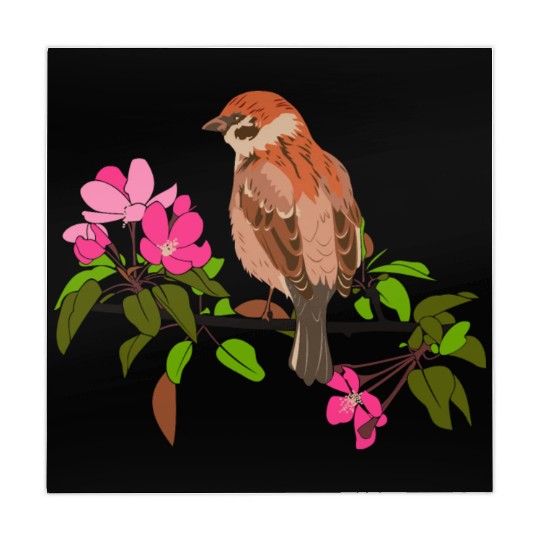 Sparrow on a branch pink flowers of an apple tree Mahjong Mats