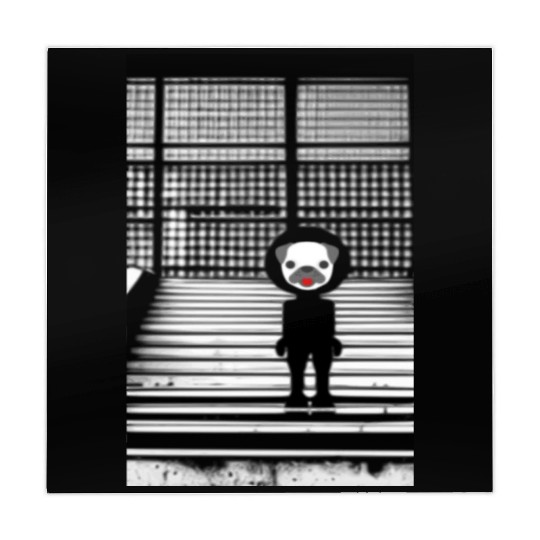 Cute Pug in Mahjong Mats Standing on the Steps - Street