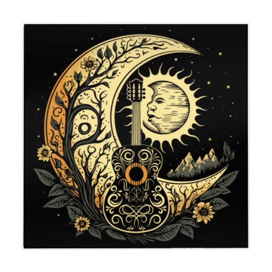 Cottagecore Acoustic Guitar With Moon, Sun, Stars Mahjong Mats