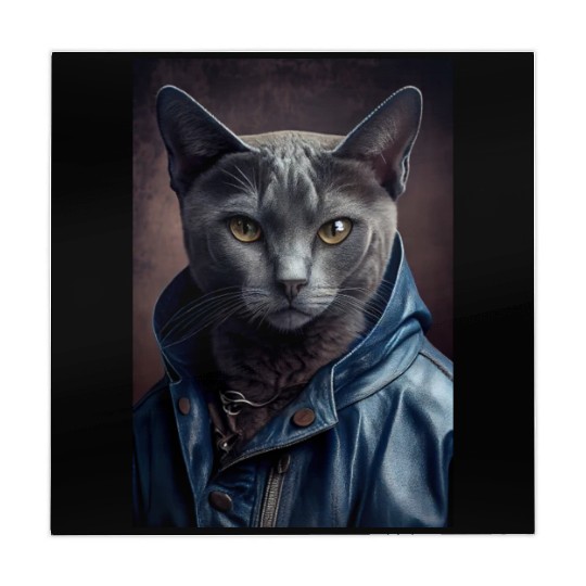 Russian Blue Cat Breed Portrait wears a leather j Mahjong Mats