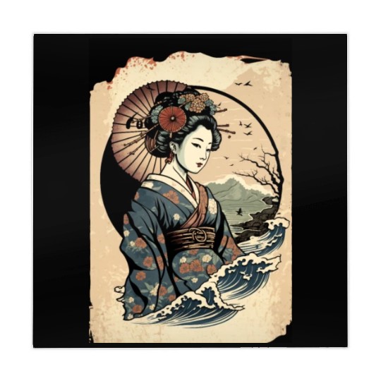 Geisha Watercolor Sea Waves Asian Art Woman Poster Mahjong Mats