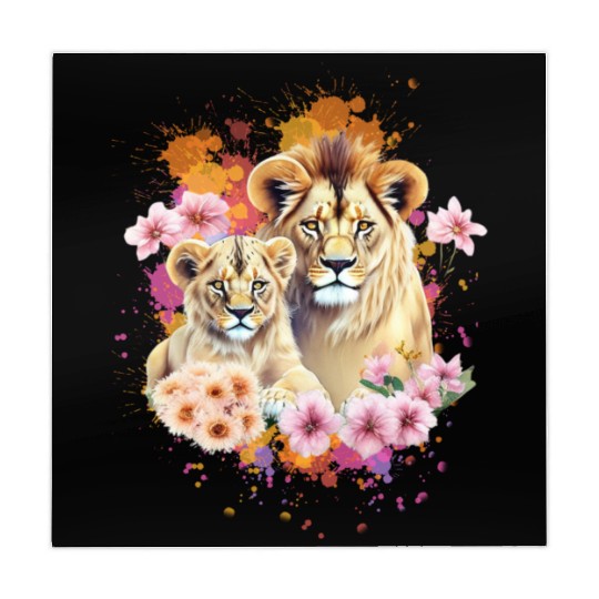 Lion Mom & Son Cubs with Flower Watercolor Mahjong Mats