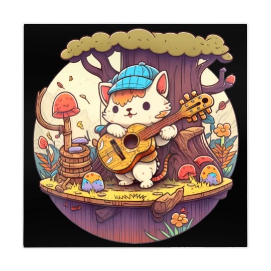 Cute Kawaii Cat Playing Guitar Banjo On Log Mahjong Mats