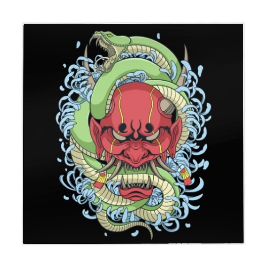 Japanese oni mask with peony flower and greem snak Mahjong Mats
