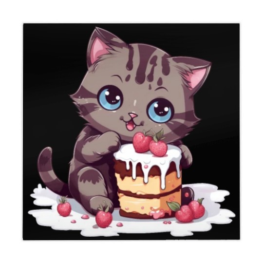 Cherry Cake Delight: Sweet Comic Cat Indulges Mahjong Mats