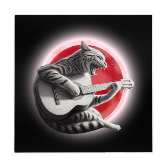 Rock Cat Playing Guitar Mahjong Mats under the red moon