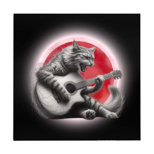 Rock Cat Playing Guitar Mahjong Mats under the red moon