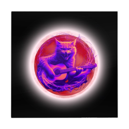 Rock Cat Playing Guitar Mahjong Mats under the red moon