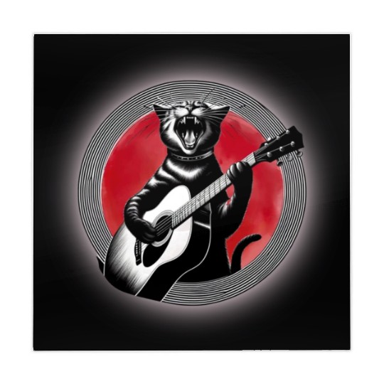 Rock Cat Playing Guitar Mahjong Mats under the red moon