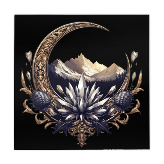 Crescent moon in gold, with crystals and mountains Mahjong Mats