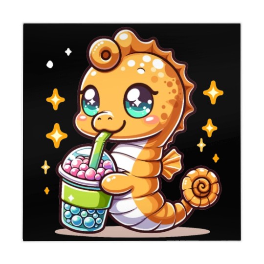 Kawaii Sea Horse Enjoys Bubble Tea Sea Animal Boba Mahjong Mats