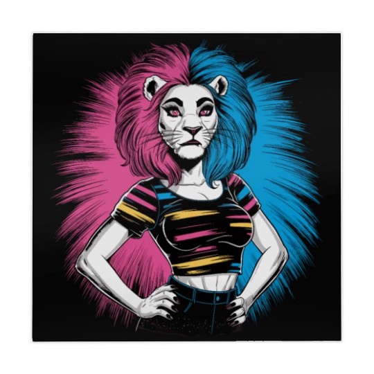 Punk Lion with pink and blue hair retro style for Mahjong Mats