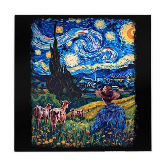 Cow Farmer Farming Farm Starry Night Painting Mahjong Mats