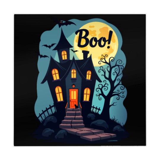 spooky haunted house with a black cat sitting Mahjong Mats