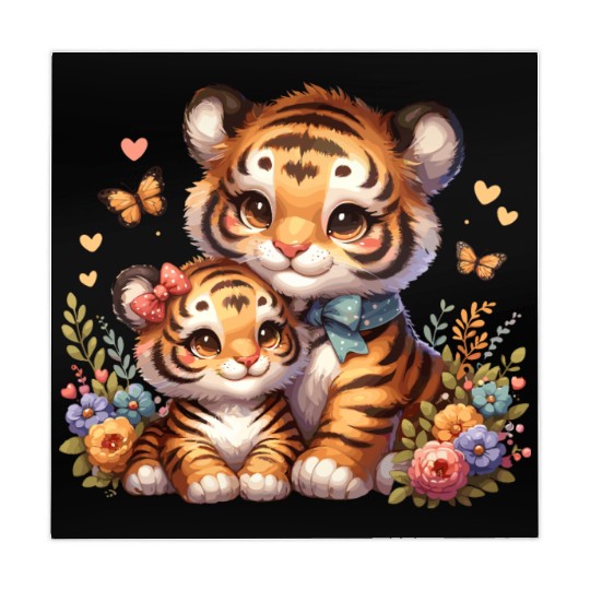 Adorable Tiger Cubs Surrounded by Butterflies and Mahjong Mats