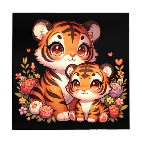 Cute Baby Tiger and Mama Tiger Surrounded by Mahjong Mats