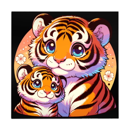 Cute Tiger Mom and Cub Illustration with Flowers Mahjong Mats