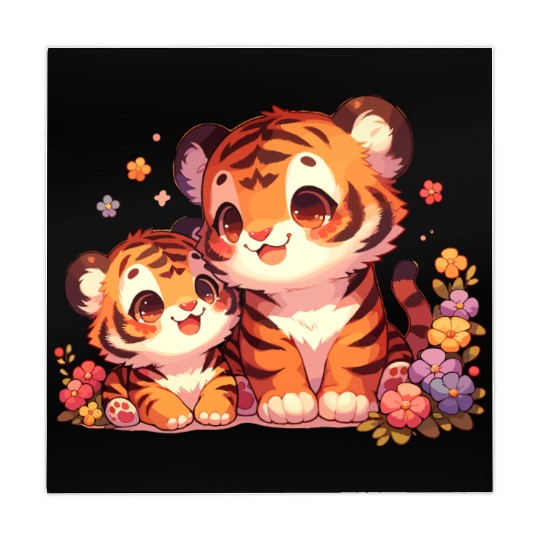Adorable Tiger Cubs Surrounded By Flowers Mahjong Mats